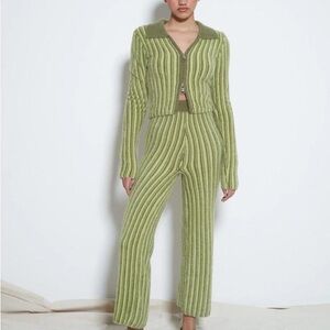 Rationalle Fuzzy Green Striped Cardigan Sweater